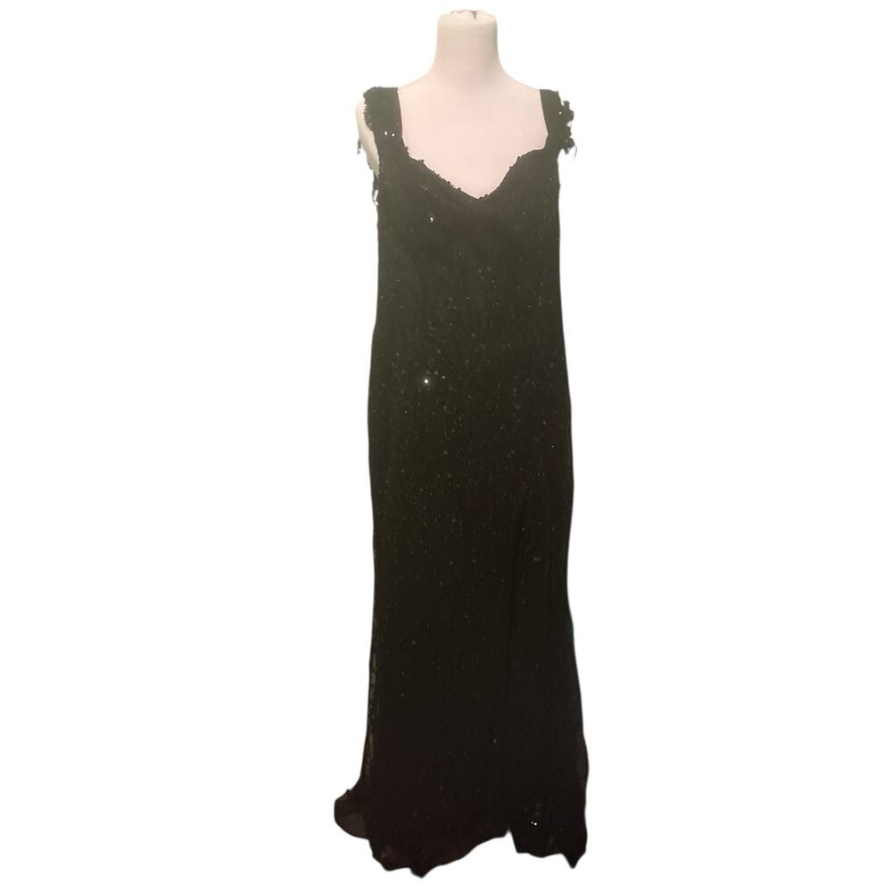 Ryanth Dress Long Black Sz Med Sequins Lace Up Back Off Shoulders Lined Formal